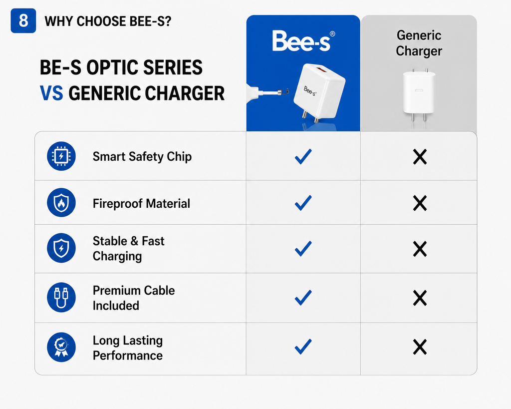 Bee-S Optic Series 120W Fast Charger with USB to Type-C Cable | Smart Safety Chip | Fast Travel Adapter (BE-610)