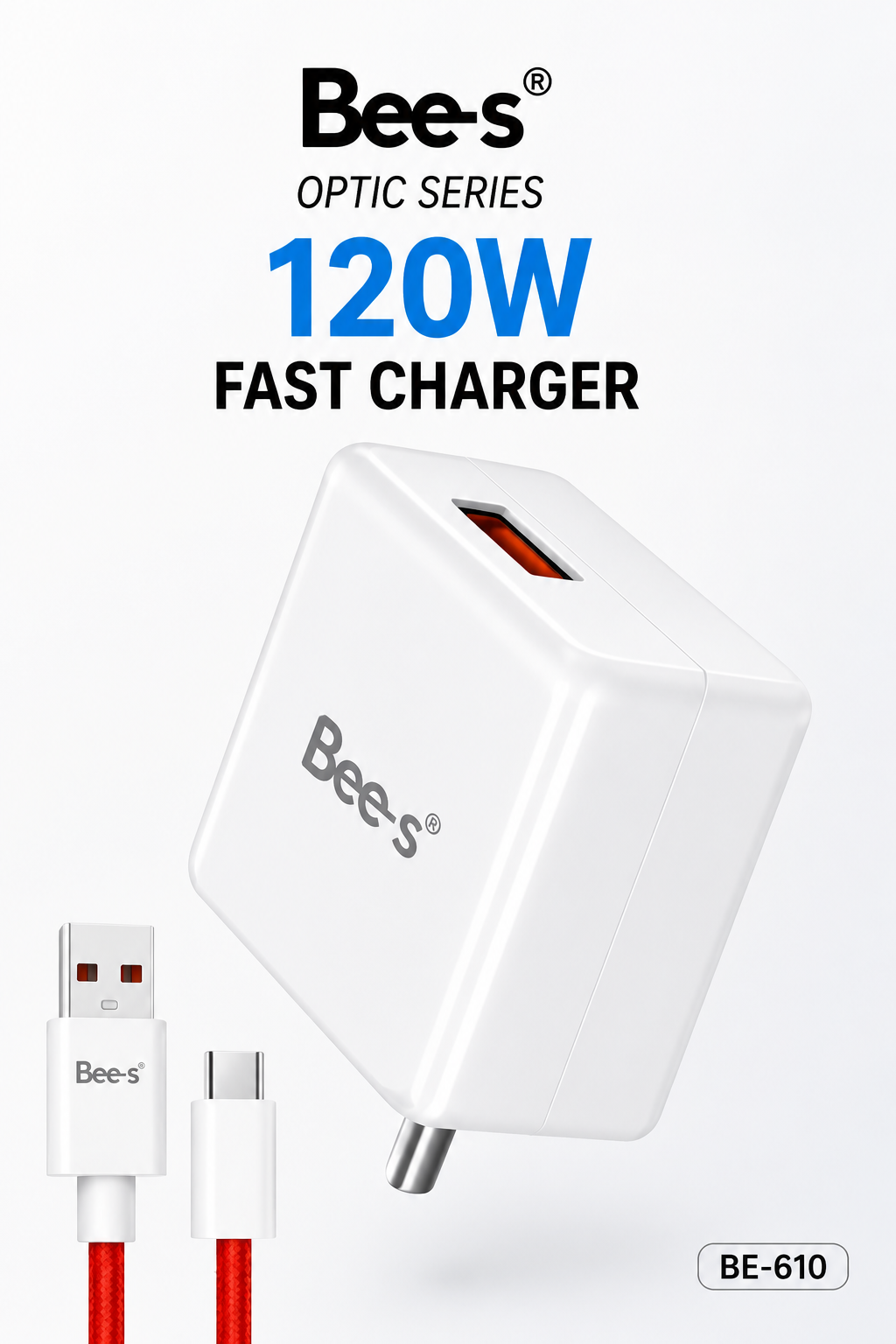 Bee-S Optic Series 120W Fast Charger with USB to Type-C Cable | Smart Safety Chip | Fast Travel Adapter (BE-610)