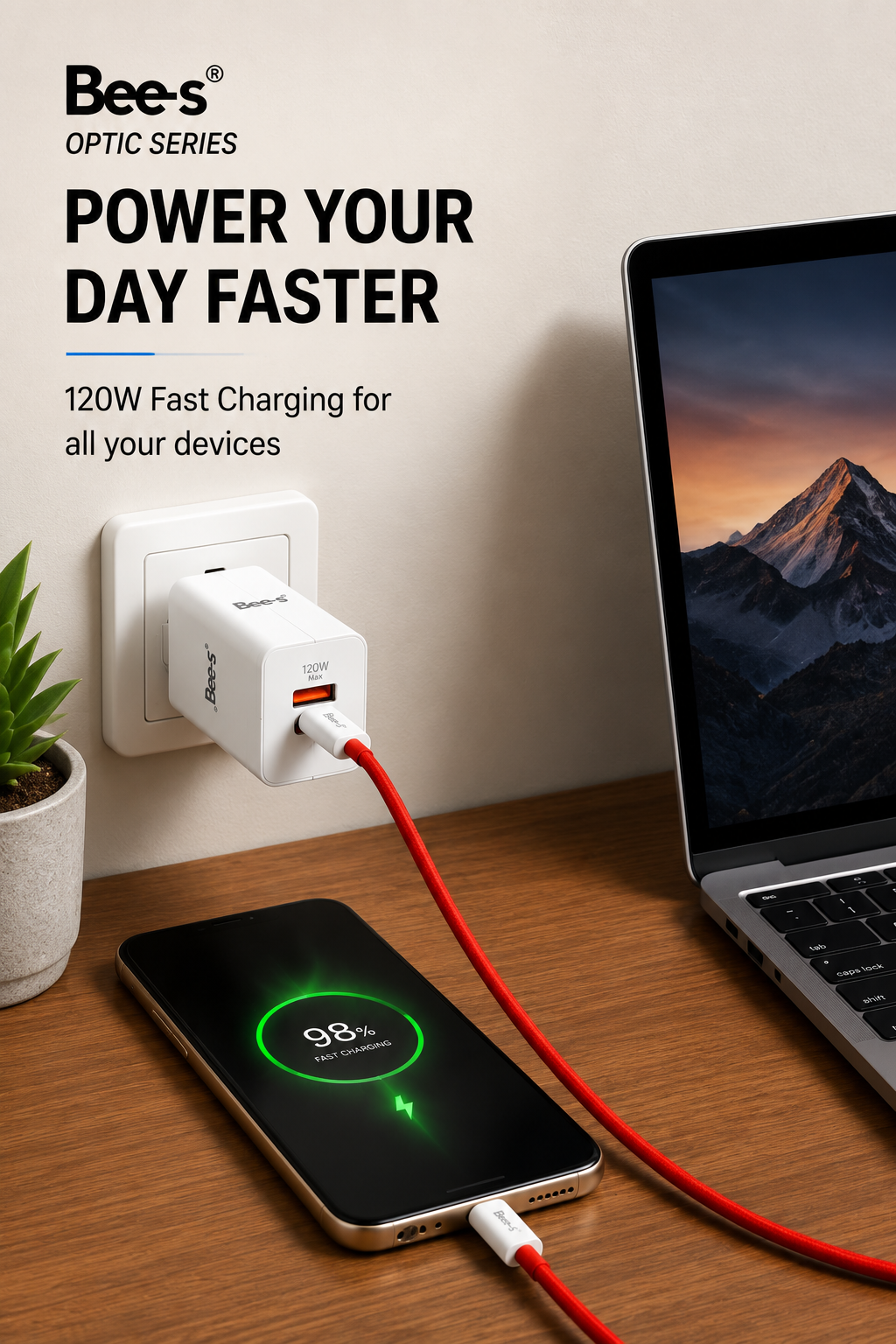 Bee-S Optic Series 120W Fast Charger with USB to Type-C Cable | Smart Safety Chip | Fast Travel Adapter (BE-610)