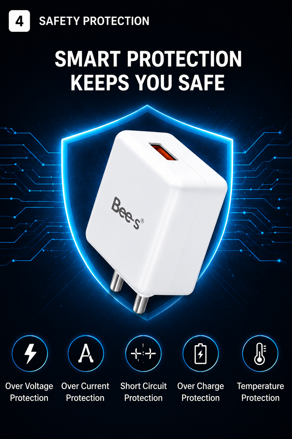 Bee-S Optic Series 120W Fast Charger with USB to Type-C Cable | Smart Safety Chip | Fast Travel Adapter (BE-610)
