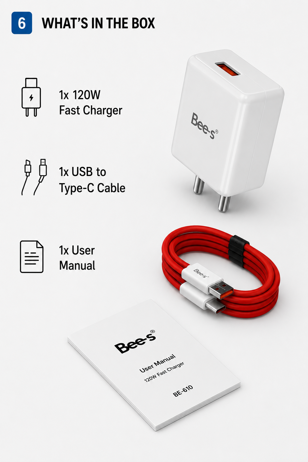 Bee-S Optic Series 120W Fast Charger with USB to Type-C Cable | Smart Safety Chip | Fast Travel Adapter (BE-610)
