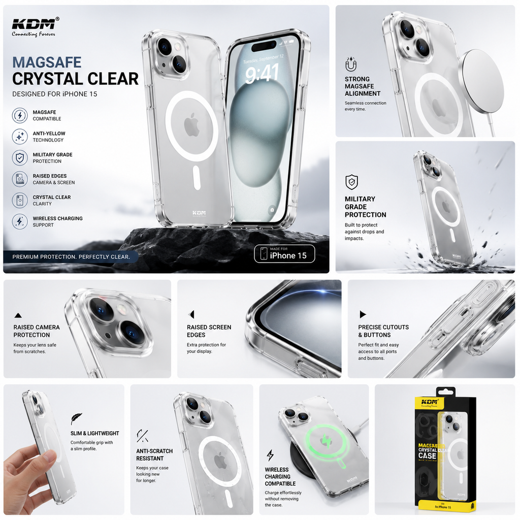 KDM Premium MagSafe Anti-Yellow Crystal Clear Case for iPhone 15 | Shockproof Transparent Back Cover