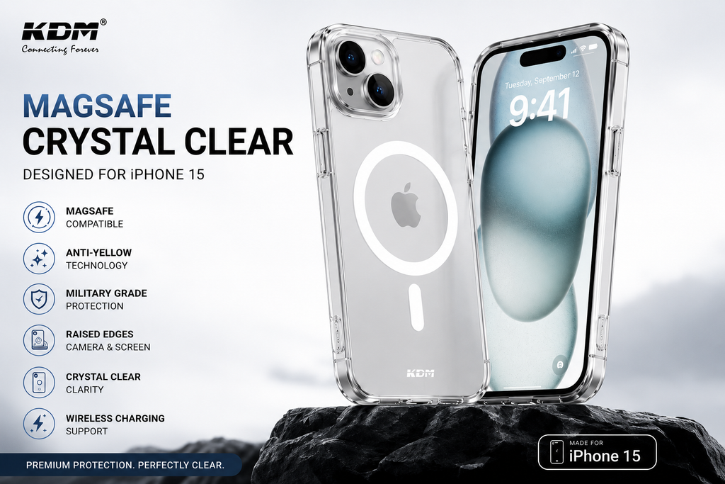 KDM Premium MagSafe Anti-Yellow Crystal Clear Case for iPhone 15 | Shockproof Transparent Back Cover