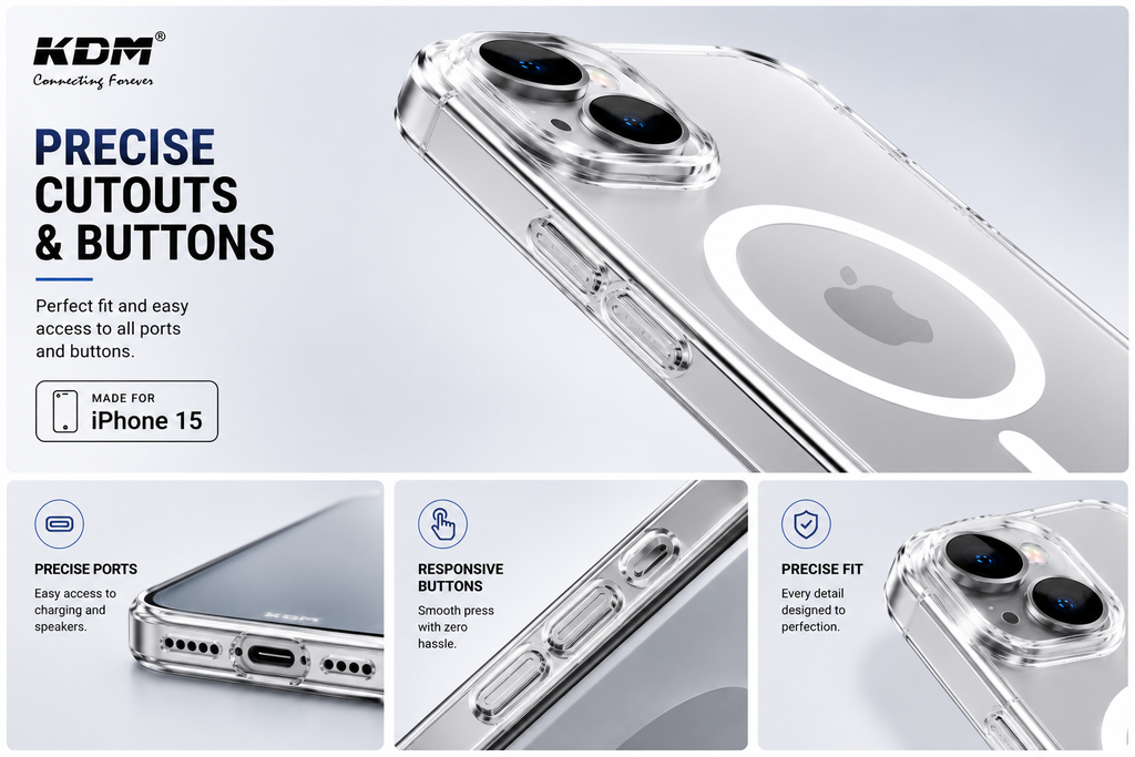 KDM Premium MagSafe Anti-Yellow Crystal Clear Case for iPhone 15 | Shockproof Transparent Back Cover