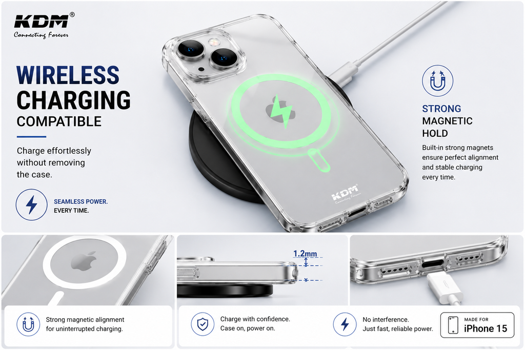 KDM Premium MagSafe Anti-Yellow Crystal Clear Case for iPhone 15 | Shockproof Transparent Back Cover