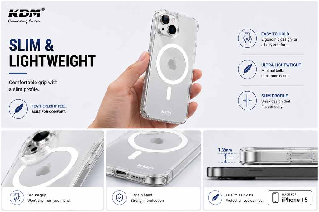 KDM Premium MagSafe Anti-Yellow Crystal Clear Case for iPhone 15 | Shockproof Transparent Back Cover